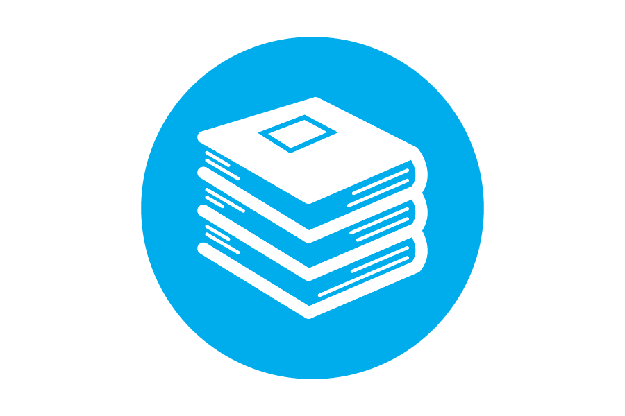 Blue icon of stacked books.