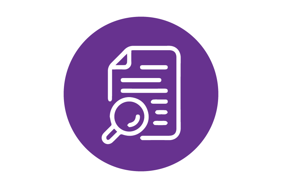 Icon of a magnifying glass and a piece of paper on a purple background.